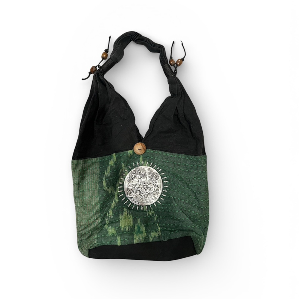Boho Bag Green and Black Purse with Elephant Pendent Design Pocket Inside